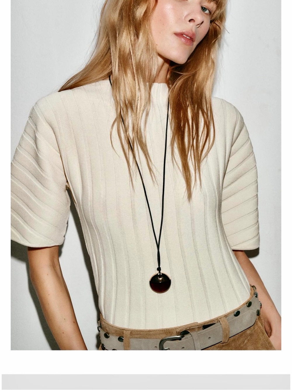 Zara NWT ivory Cream Ribbed Short-Sleeve knit Sweater structured Top - Picture 1 of 9